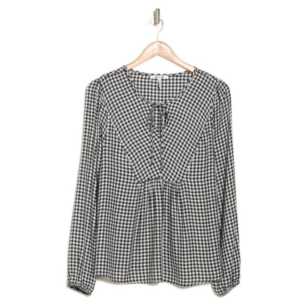 NEW Three Dots Mason Gingham Plaid Long Sleeve Blouse in Black/White Sz. XL